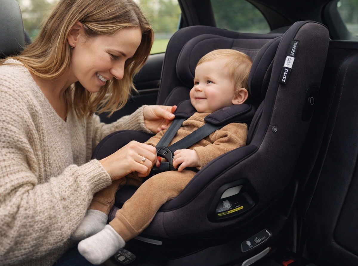 Frau schnallt Baby im Autositz auf Rückbank an