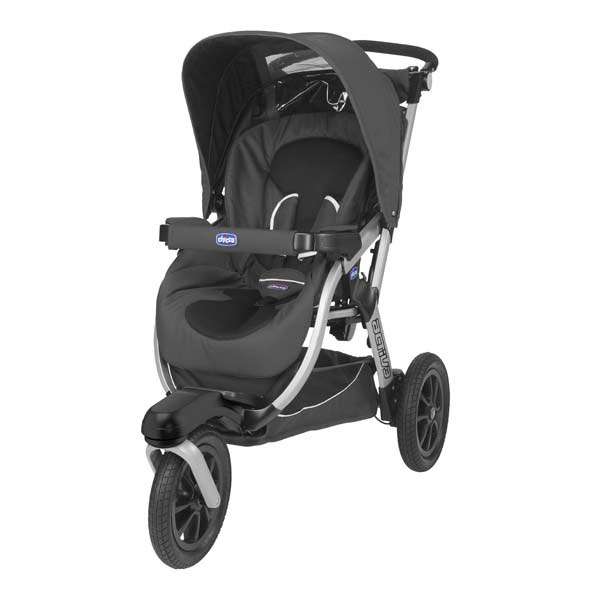 Schwarzer Dreirad-Kinderwagen mit Sitz und Sonnenverdeck