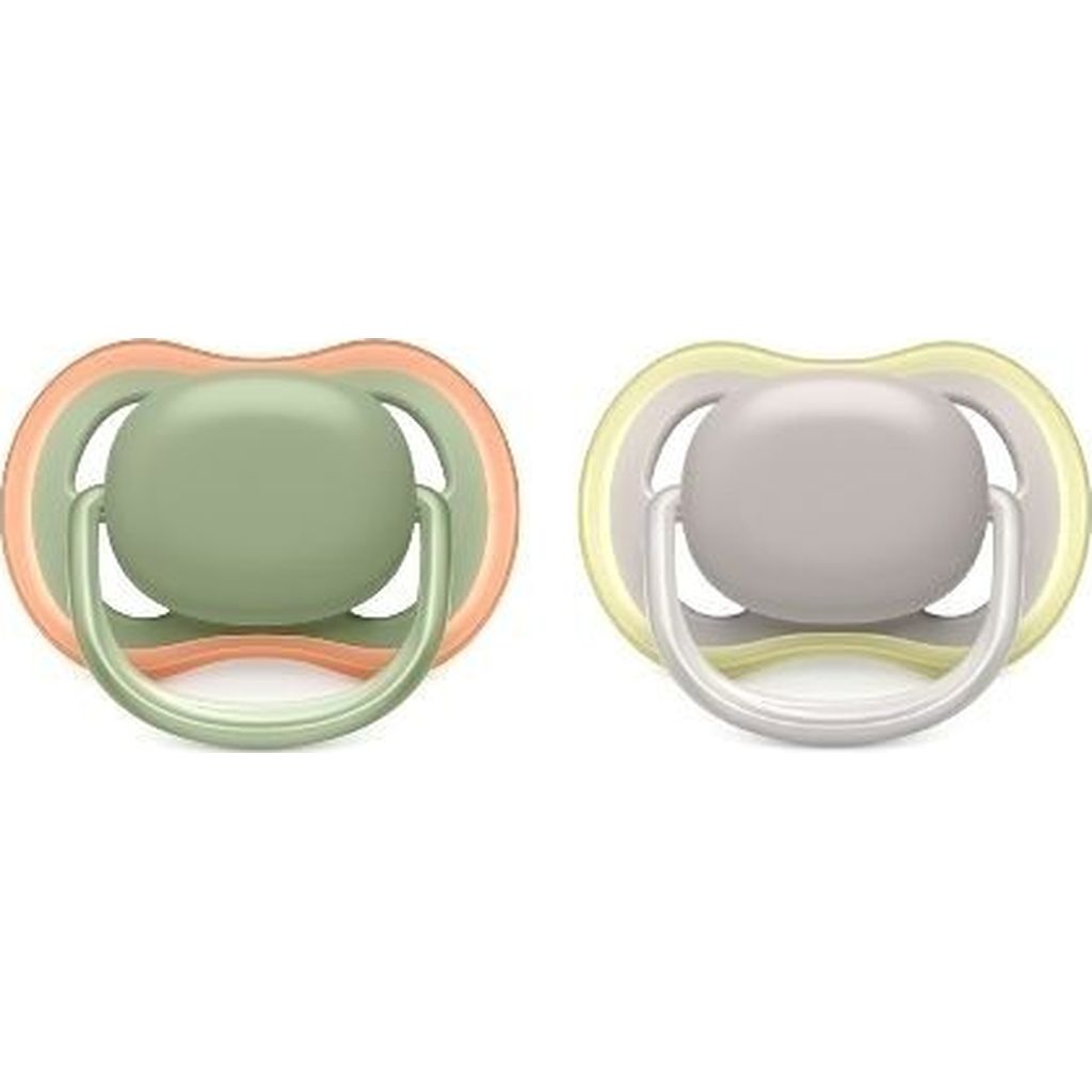 Zwei Babyschnuller in Gr&uuml;n-Orange und Grau-Gelb frontal