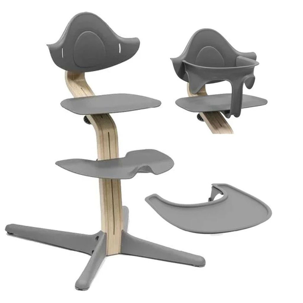 Grauer Hochstuhl mit Sitz, Fussst&uuml;tze, Babyaufsatz und Table