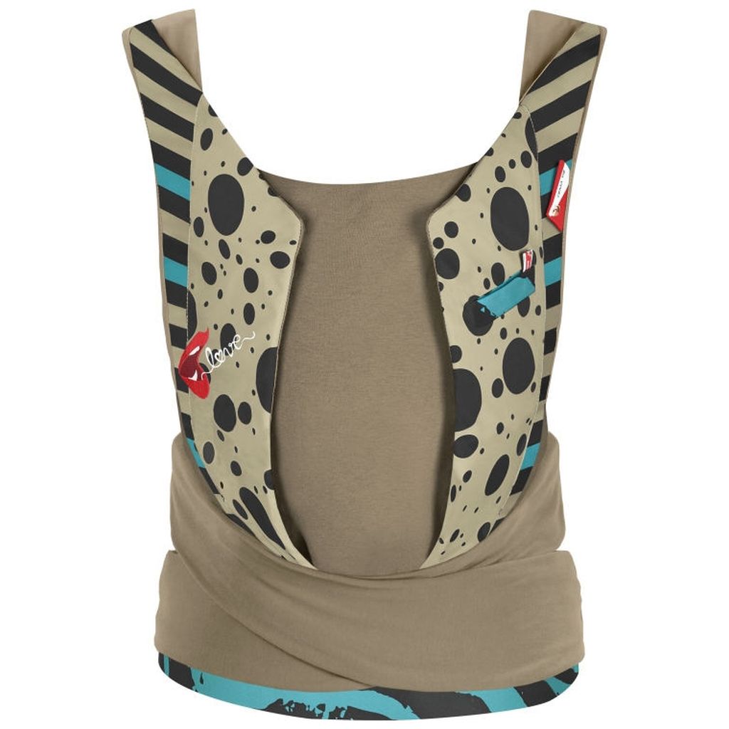 Beige Babytrage mit schwarzen Punkten und blauen Streifen