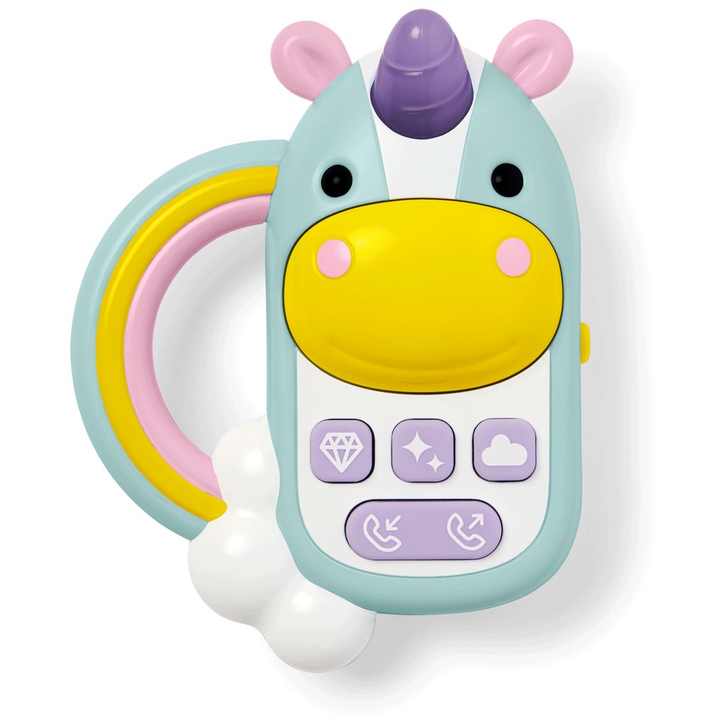 Buntes Spielzeugtelefon in Einhornform mit Tasten und Griff