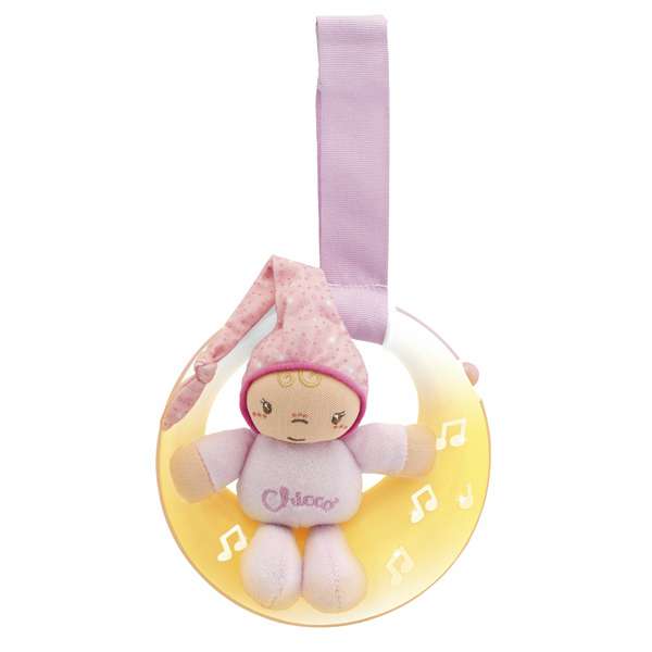 Rundes Musik Mobile mit Pl&uuml;schpuppe und Musiknoten in Rosa