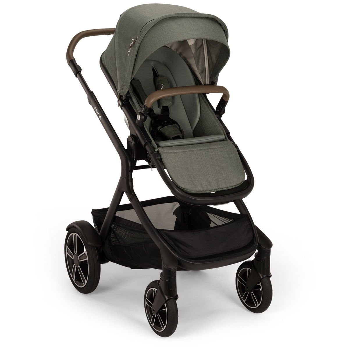 Kinderwagen in Dunkelgrün mit Verdeck und Gestell auf weisse