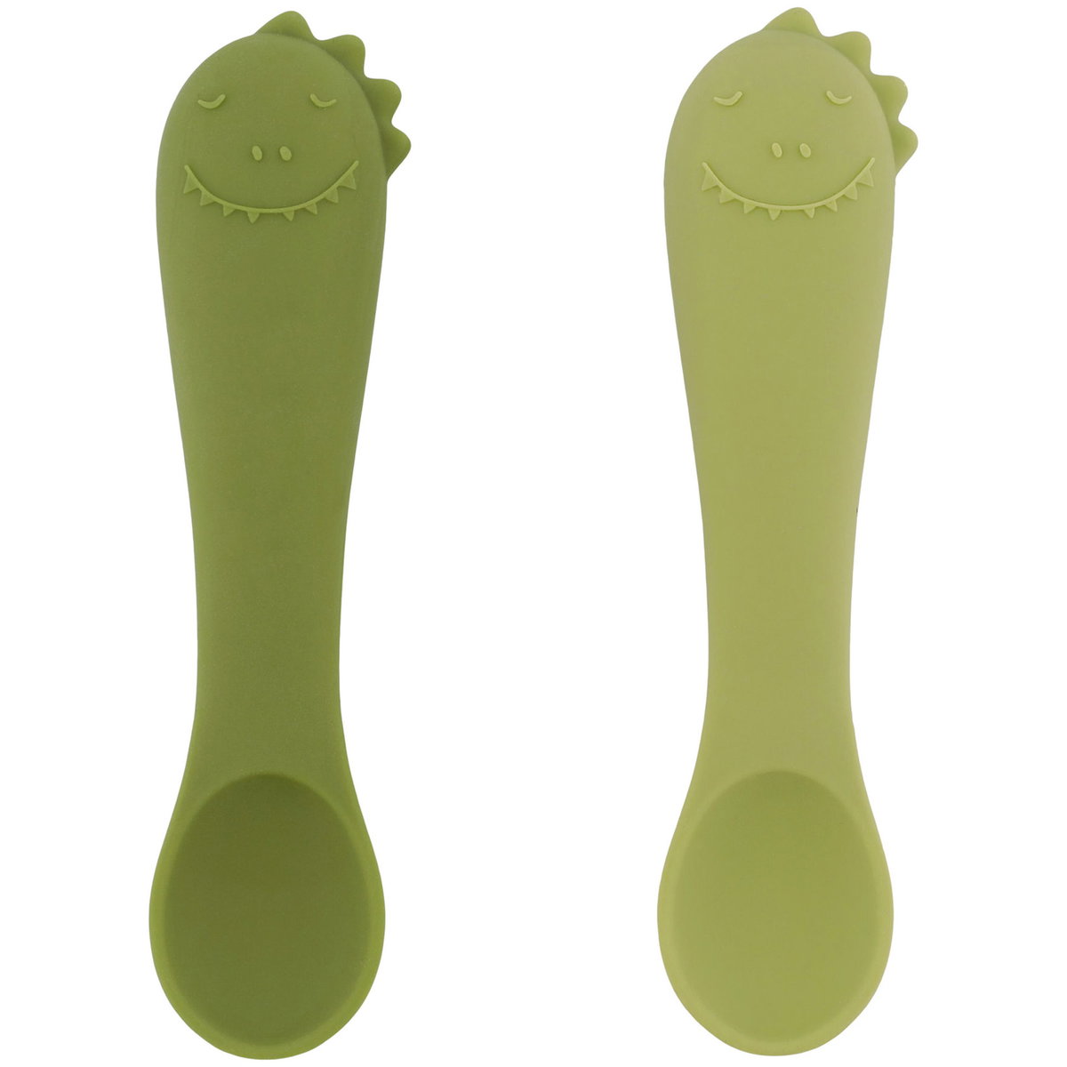 Zwei grüne Babylöffel aus Silikon mit geprägtem Dino-Gesicht, nebeneinander auf weissem Hintergrund.