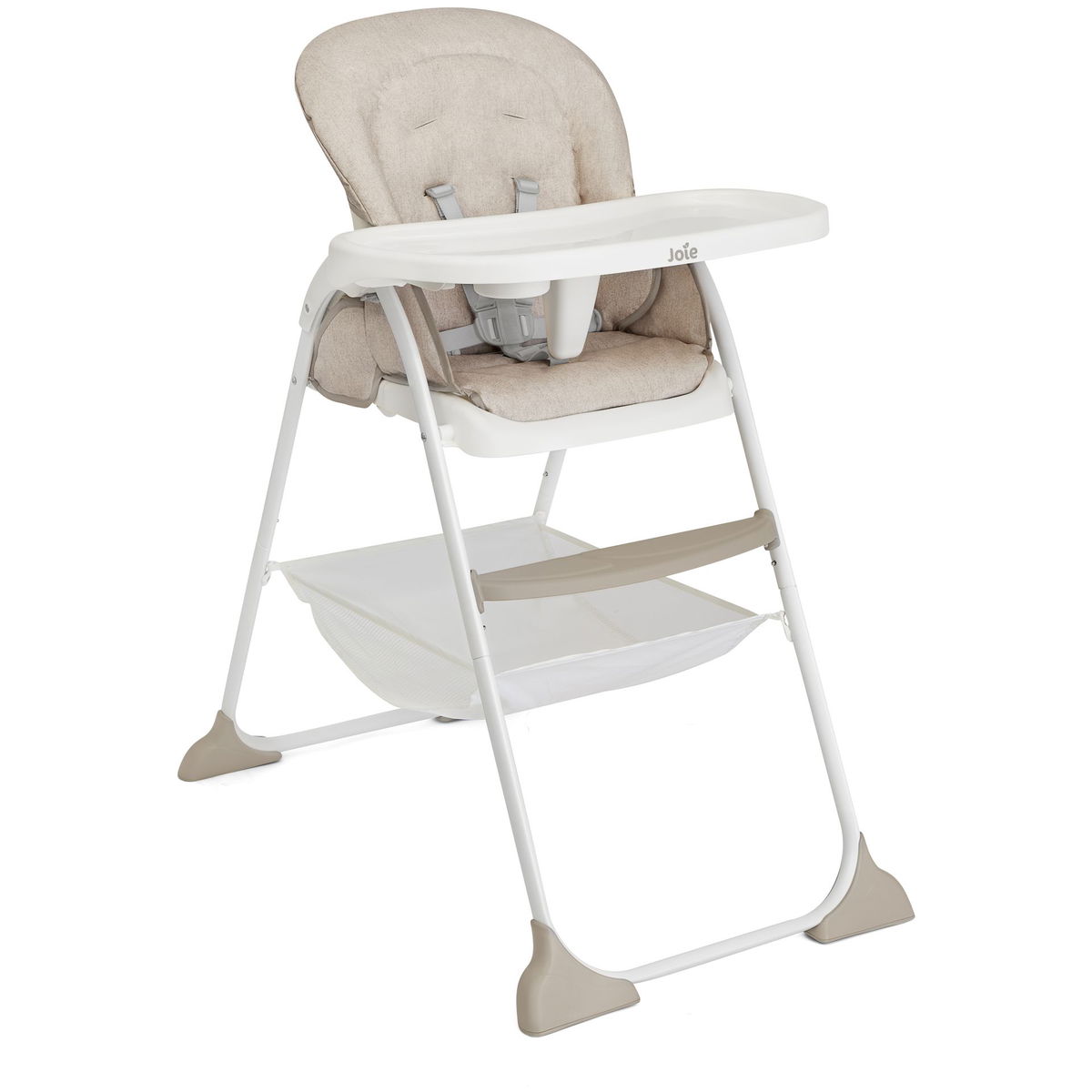 Ein moderner Kinderhochstuhl in Beige mit Tablett und Sicherheitsgurt