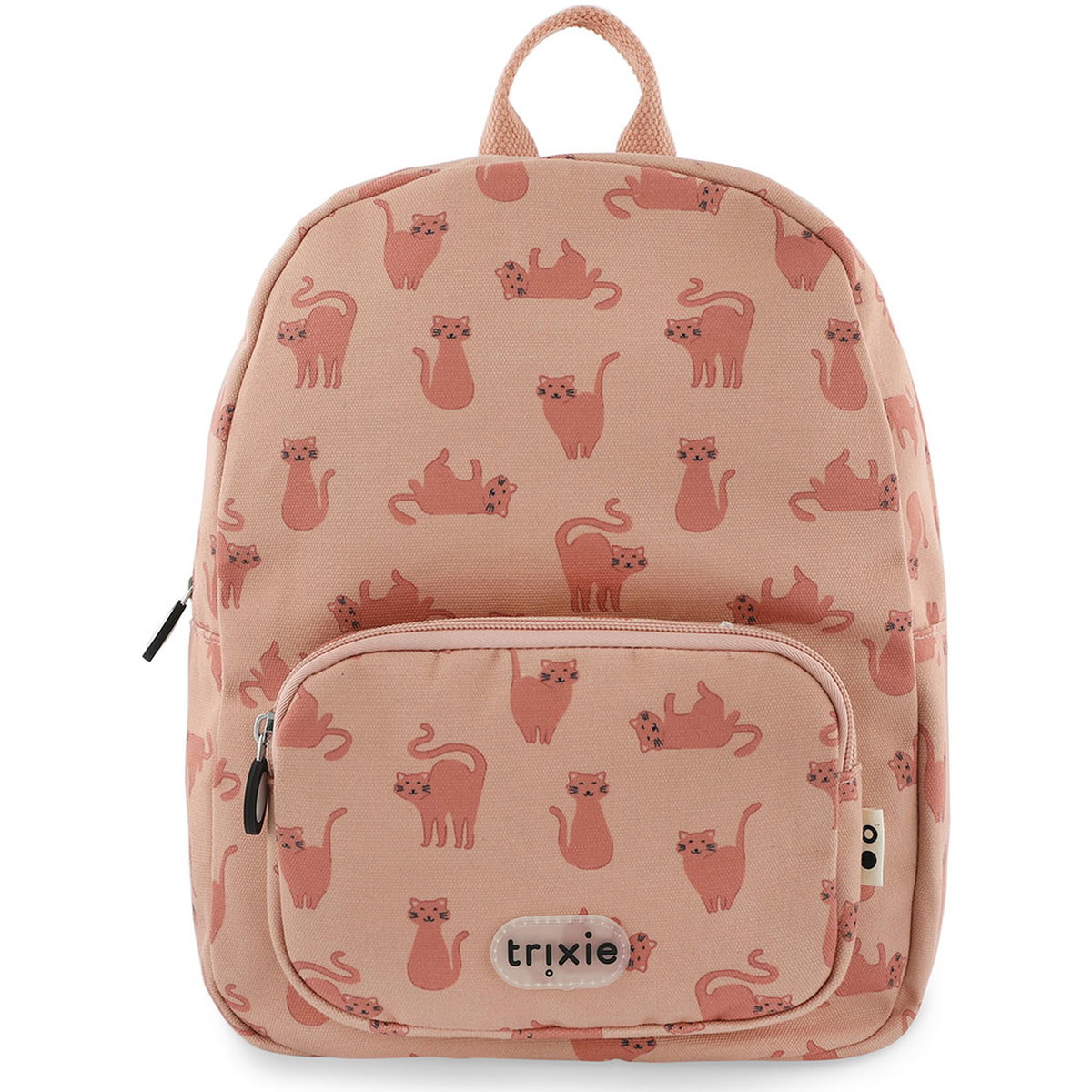 Abbildung eines rosa Kinder Rucksacks mit mehreren roten Katzenmotiven und Fronttasche vor weissem Hintergrund.