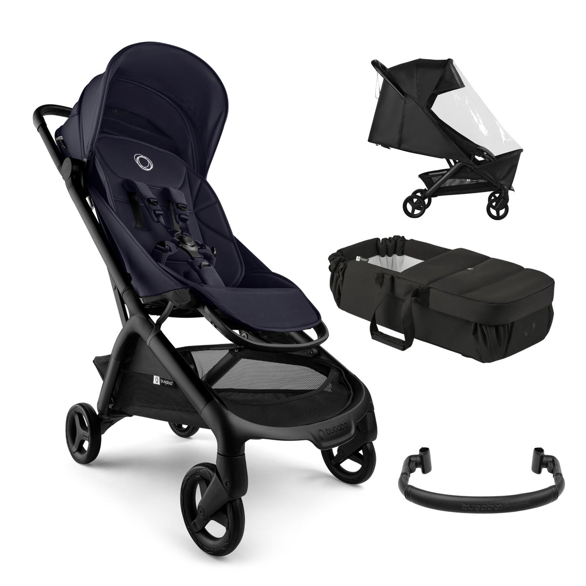 Schwarzer Kinderwagen mit Liegeaufsatz, Regenschutz und Zube