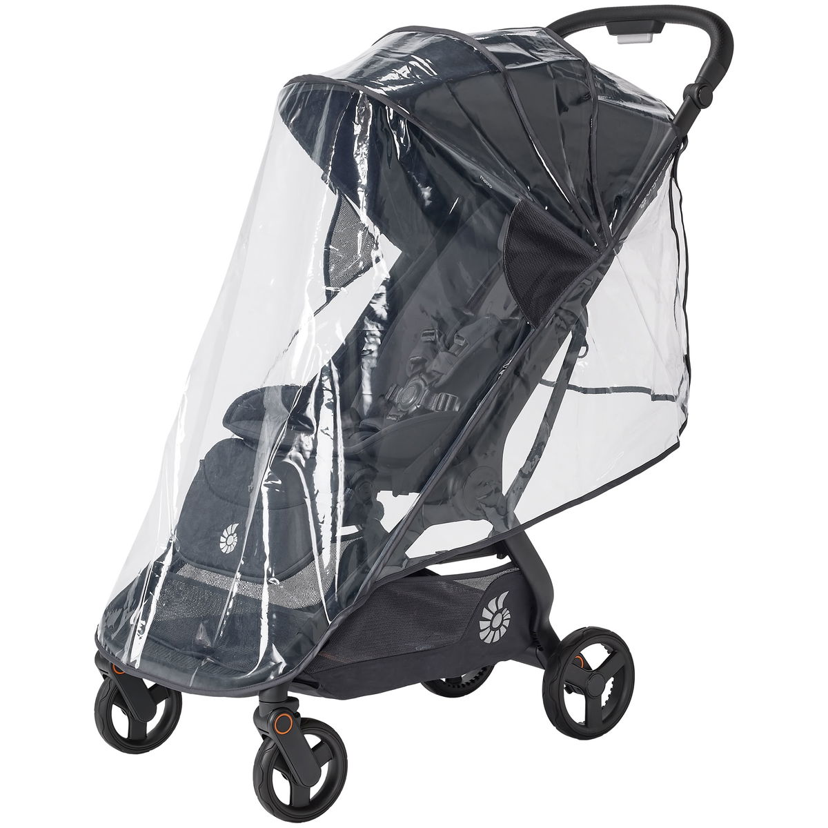 Schwarzer Kinderwagen mit transparentem Regenschutz