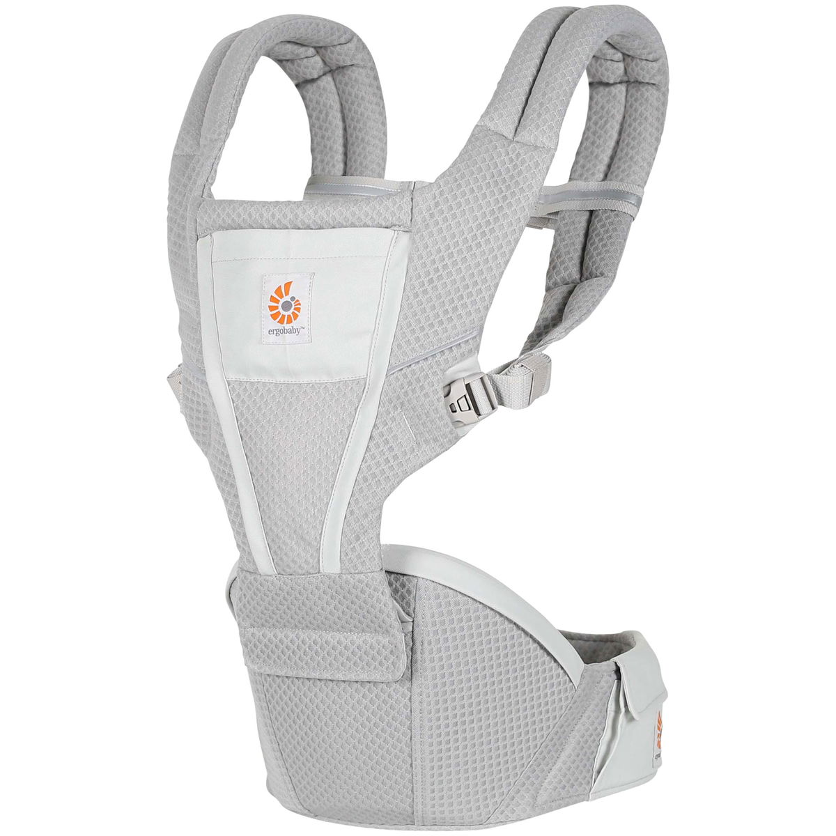 Hellgraue ergonomische Babytrage mit gepolsterten Gurten