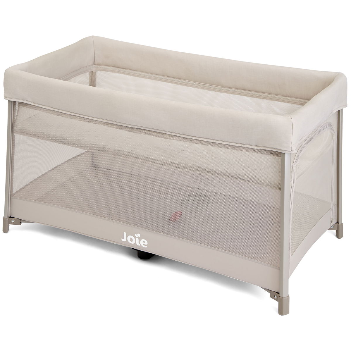 Beiges Babybett mit seitlichem Netz und gepolstertem Rand