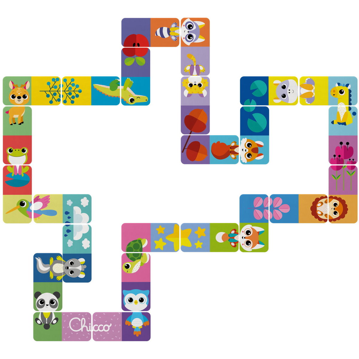 Domino-Spiel mit bunten Tier- und Pflanzenbildern auf Karten