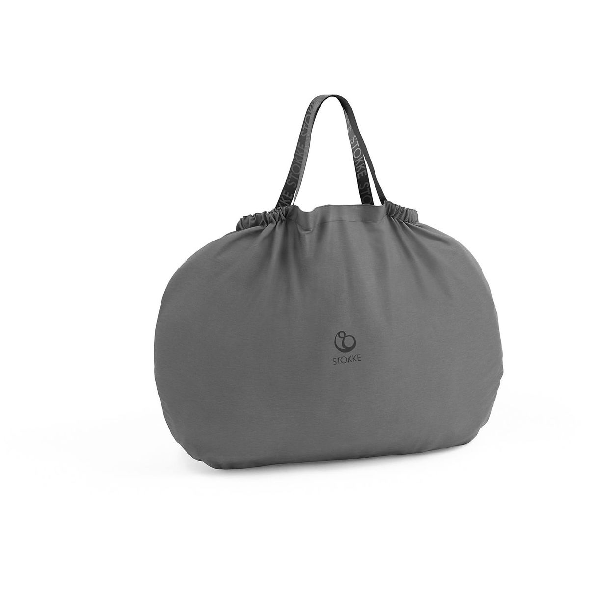 Graue Tasche mit zwei schwarzen Traggriffen auf weissem Hint