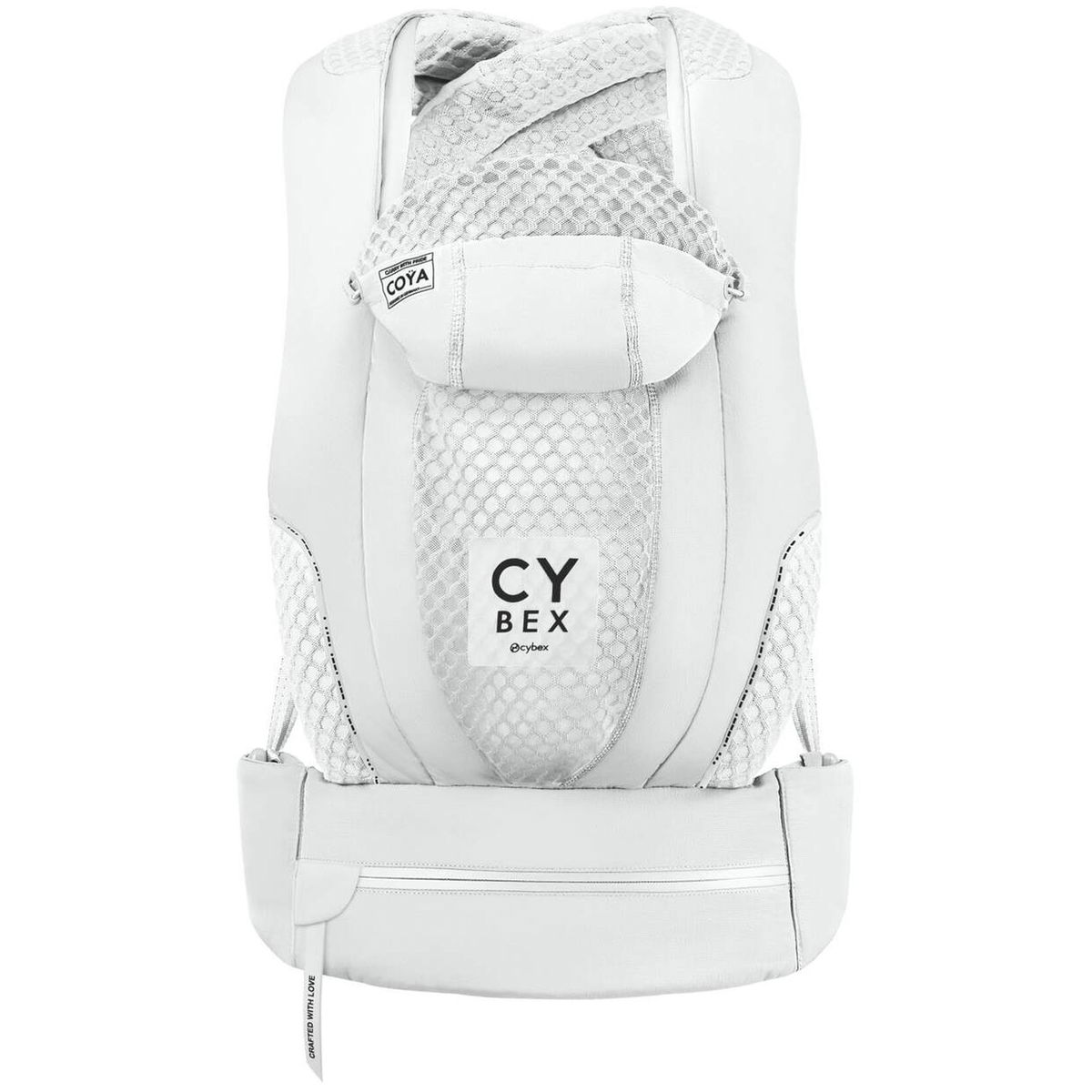 Frontansicht des Cybex Coya Kindertragerucksacks in Weiß, ergonomisches Design