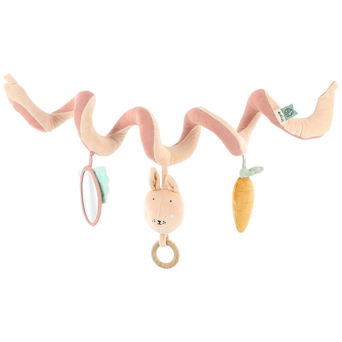 Spiralförmiges Babyspielzeug mit einem Spiegel, einem Hasen und einer Karotte