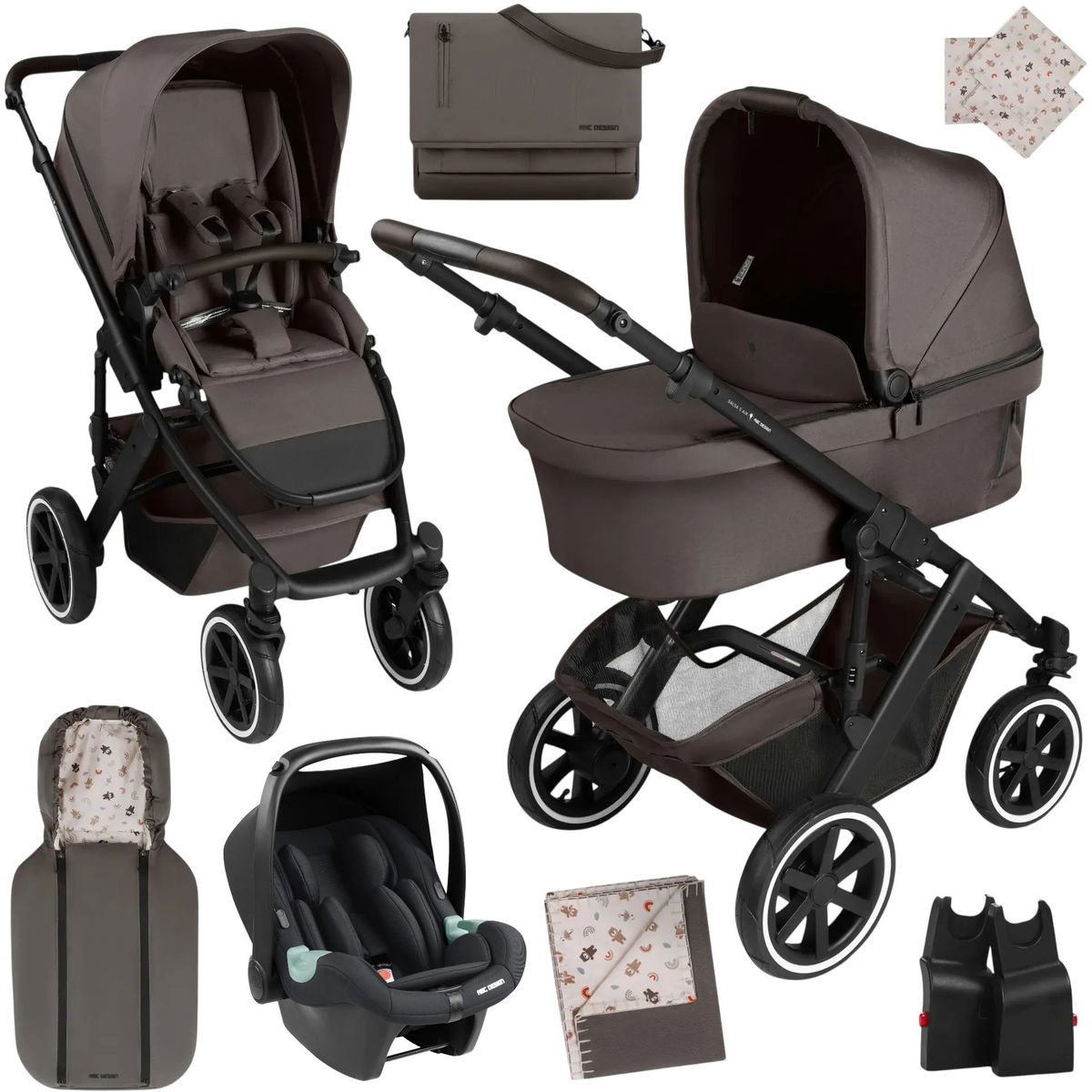 Braunes Kinderwagen-Komplettset mit Babyschale und Zubehör