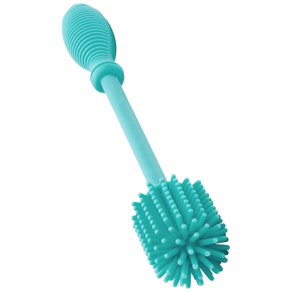 Türkise Silikon-Flaschenbürste mit Noppen auf weissem Hinter