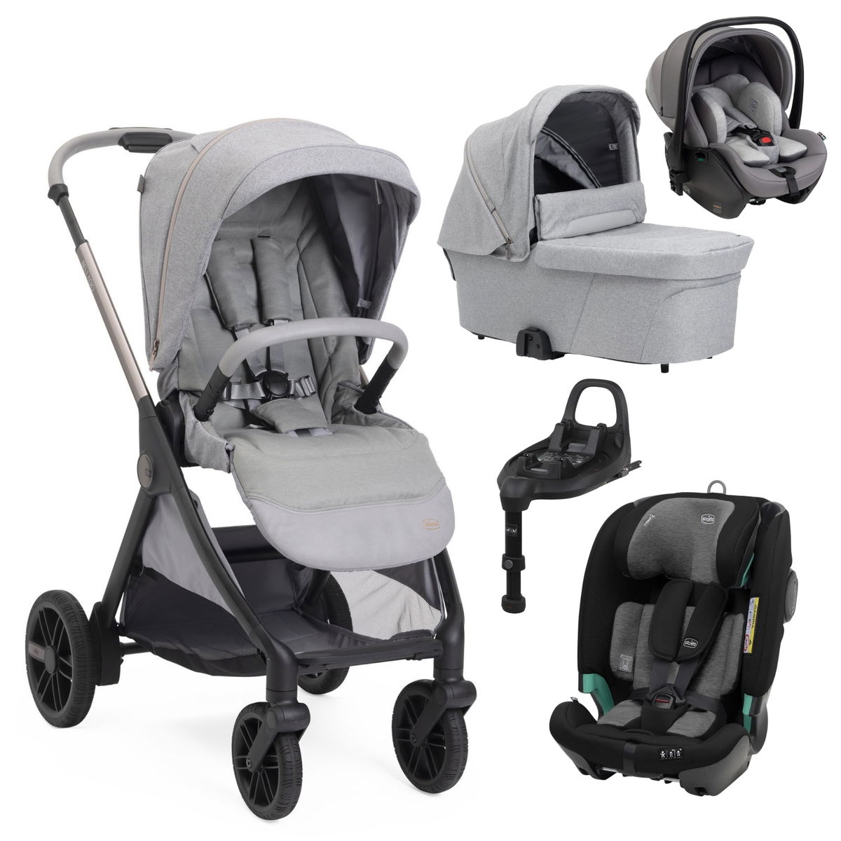 Kinderwagen, Babyschale, Babywanne, Autositz und Isofix-Base