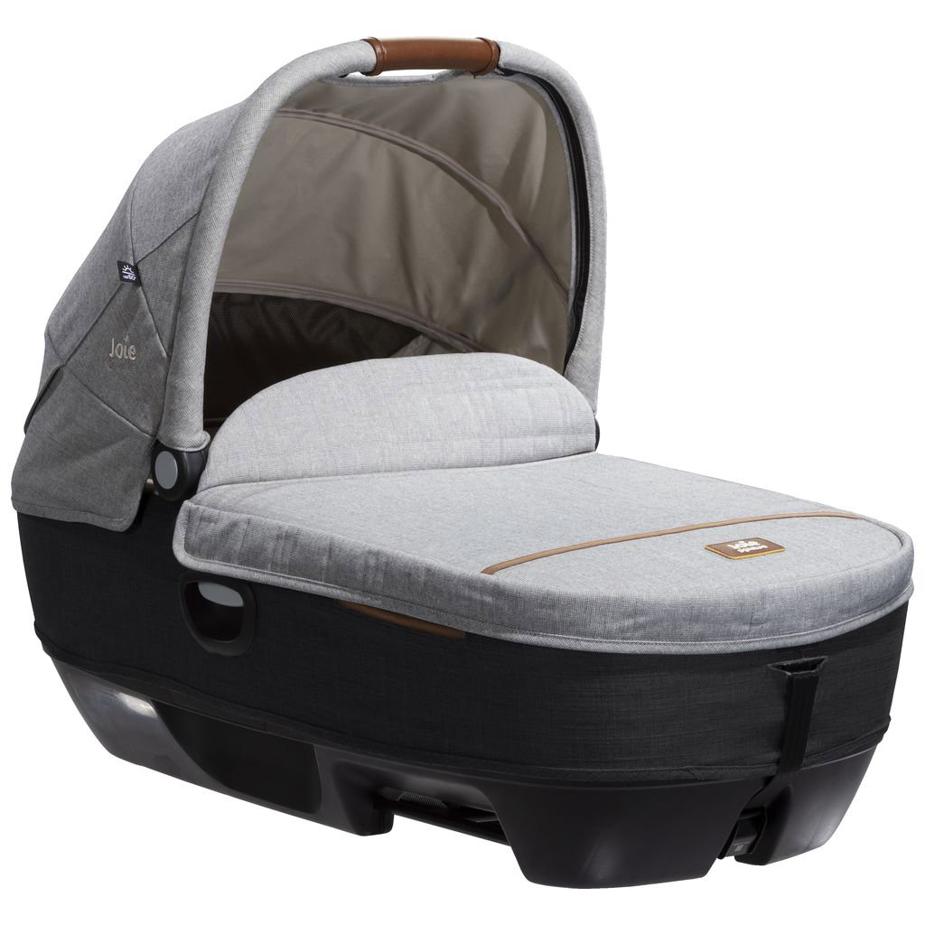 Grau-schwarze Babywanne mit Verdeck und braunem Griff