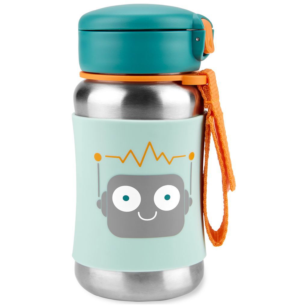 Edelstahl-Kindertrinkflasche mit Roboter-Gesicht und Henkel