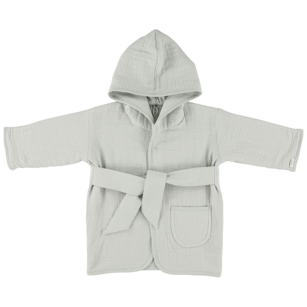 Hellgrauer Baby-Bademantel mit Kapuze, Gürtel und Tasche