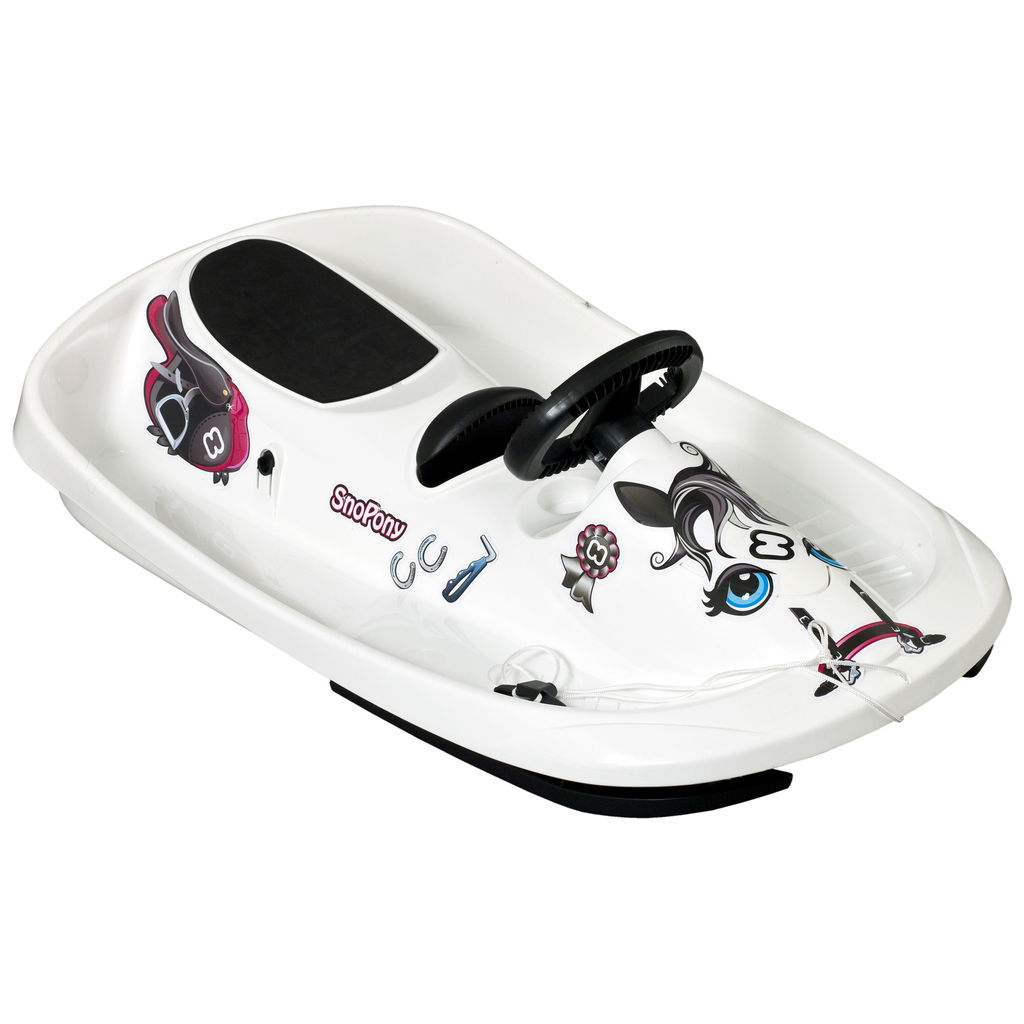 Weisser Kinderschlitten mit Lenkrad und Pony-Motiven