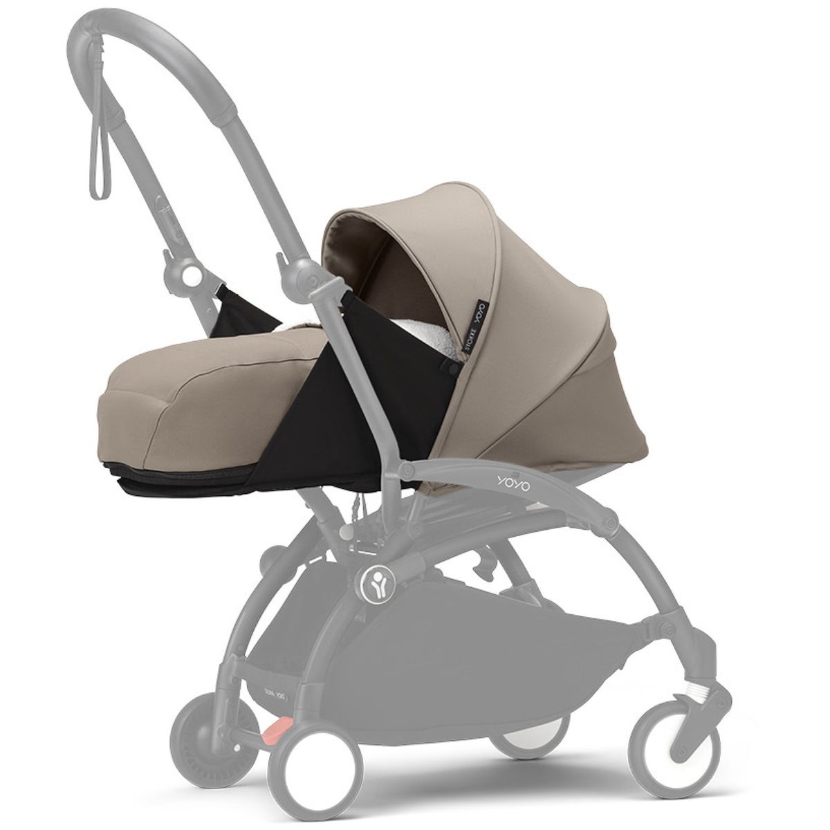 Beige Babywanne auf Kinderwagengestell seitlich