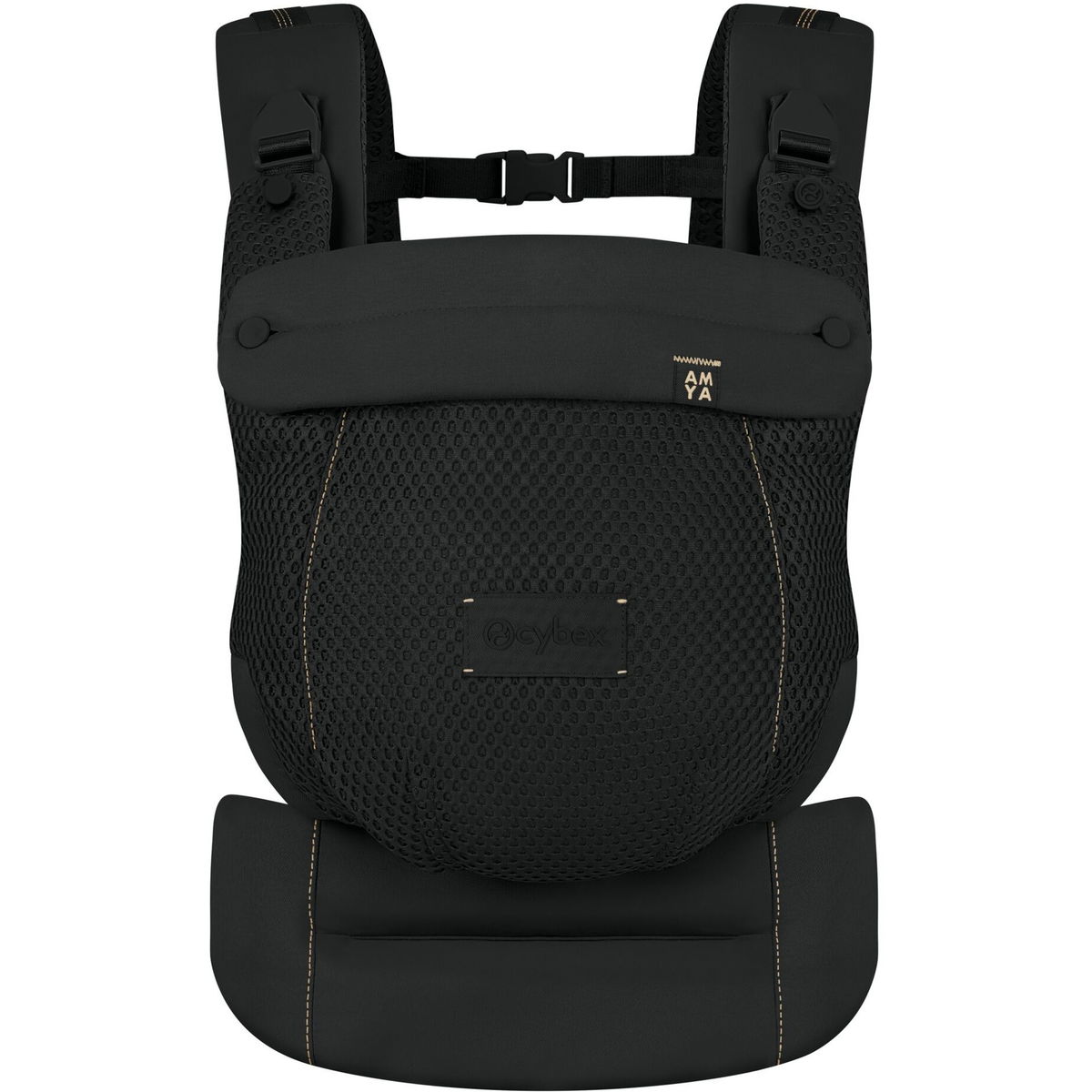 Vorne sichtbare schwarze Babytrage mit Netzmaterial