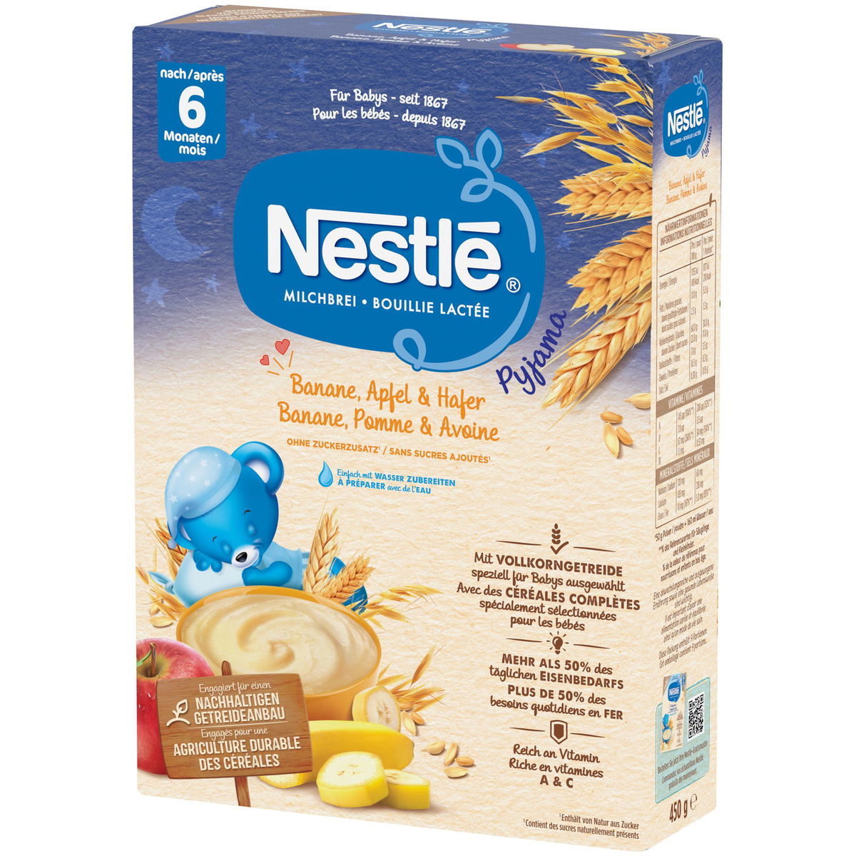 Product Image for Nestlé Milchbrei Pyjama Banane Apfel und Hafer Packungsgrösse 450g