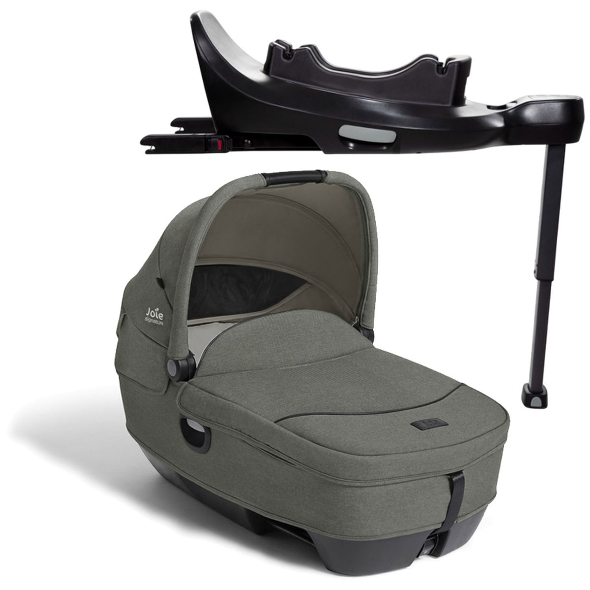 Bild einer olivgr&uuml;nen Babytragewanne mit passender Isofix Basisstation