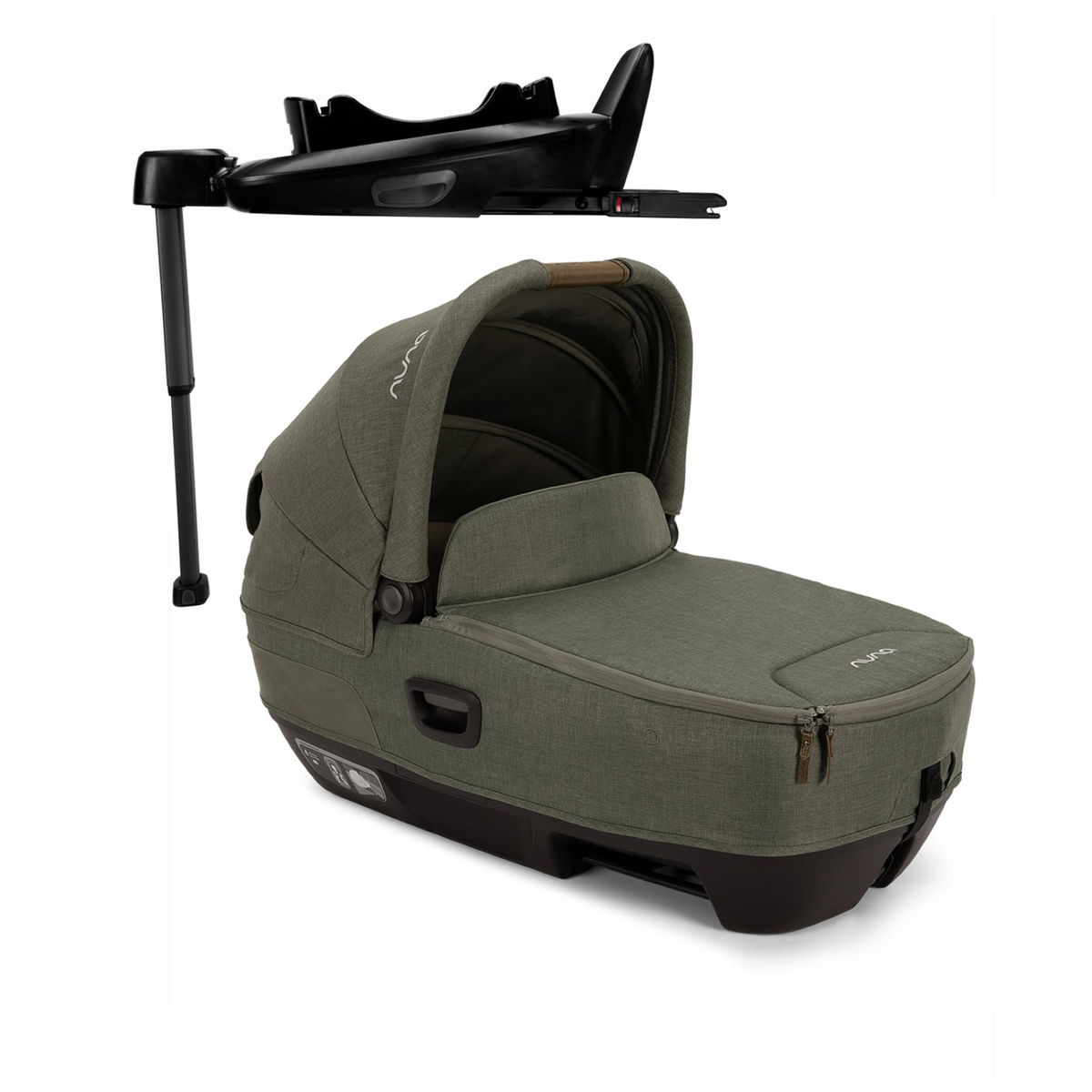 Olivgrüne Babywanne mit schwarzer Basisstation von nuna