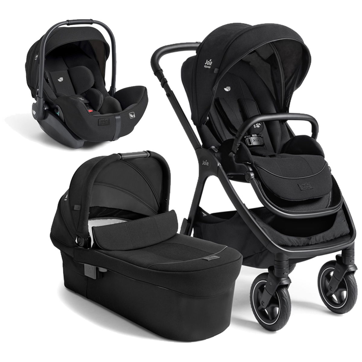 Schwarzer Kinderwagen mit Babywanne und Babyschale auf weiss