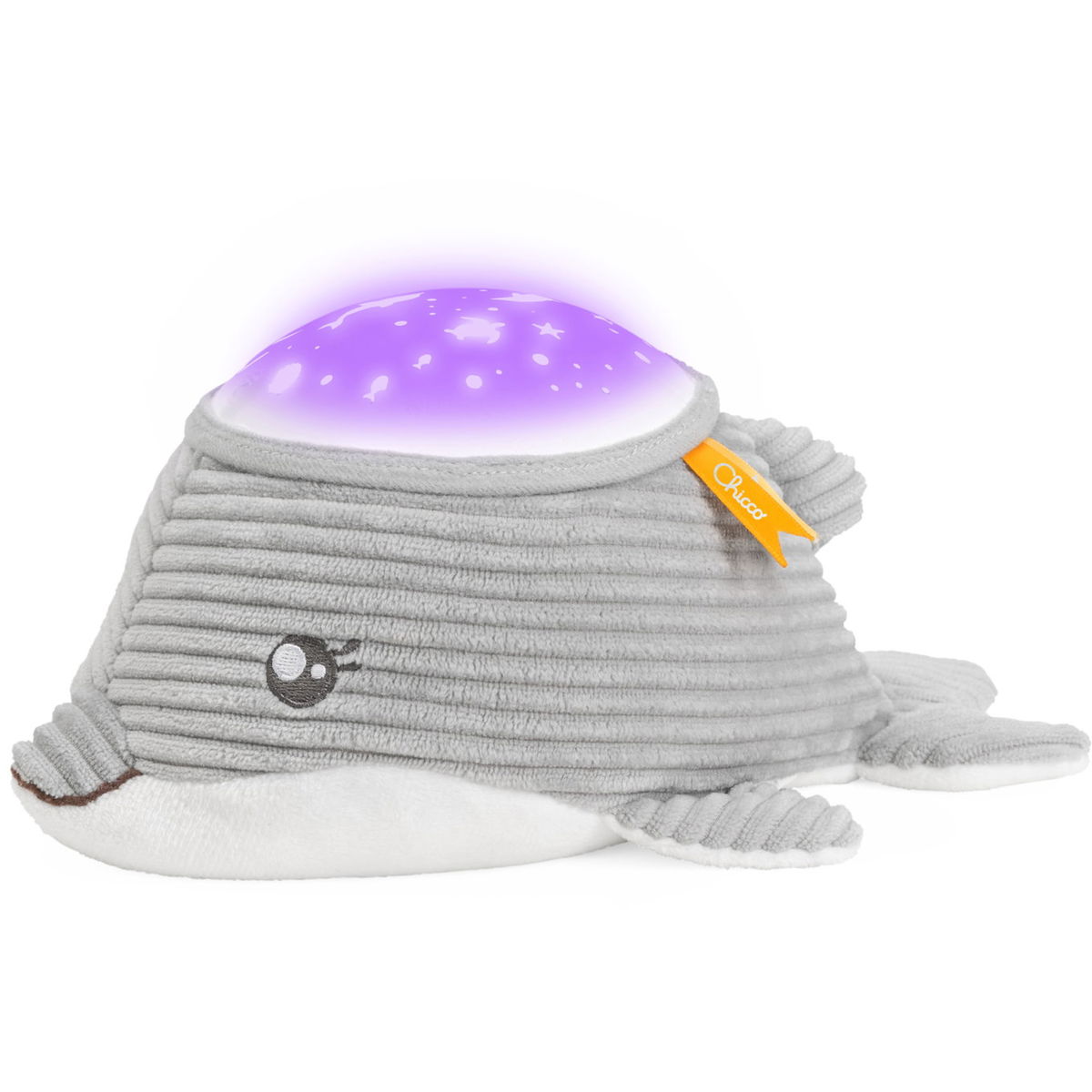 Grauer Plüsch-Wal mit lila Nachtlicht-Projektion