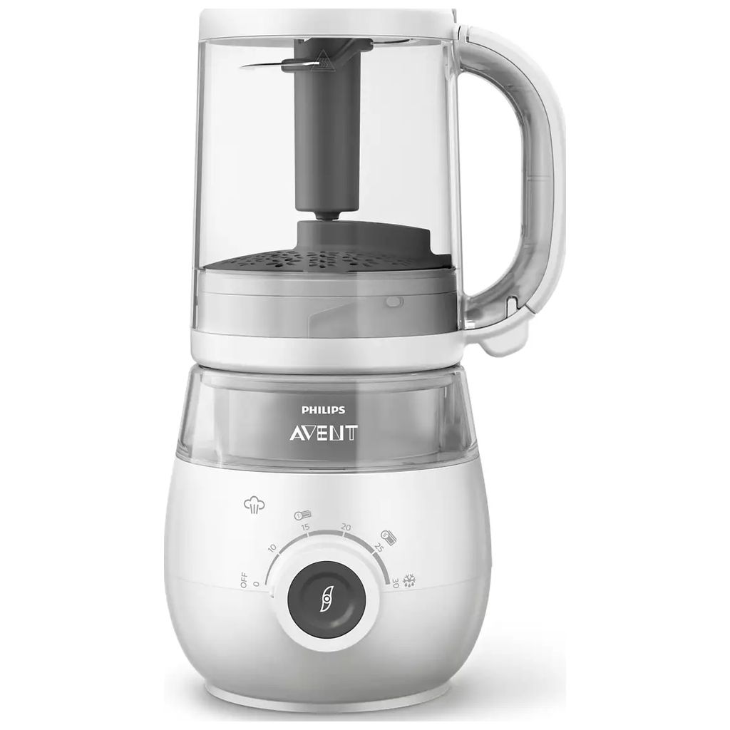 Elektrischer Baby-Dampfgarer und Mixer mit Drehknopf in Weis