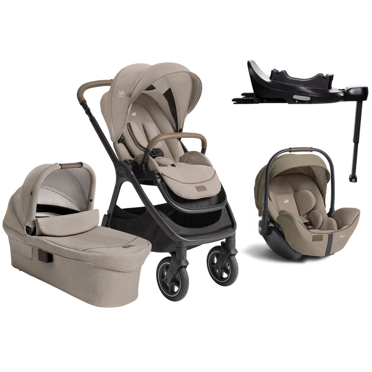 Abgebildet ist ein beiges Kinderwagenset bestehend aus Kinderwagen, Babywanne, Babyschale und einer schwarzen Autositzbasis. Alle Teile haben ein passendes, modernes Design.