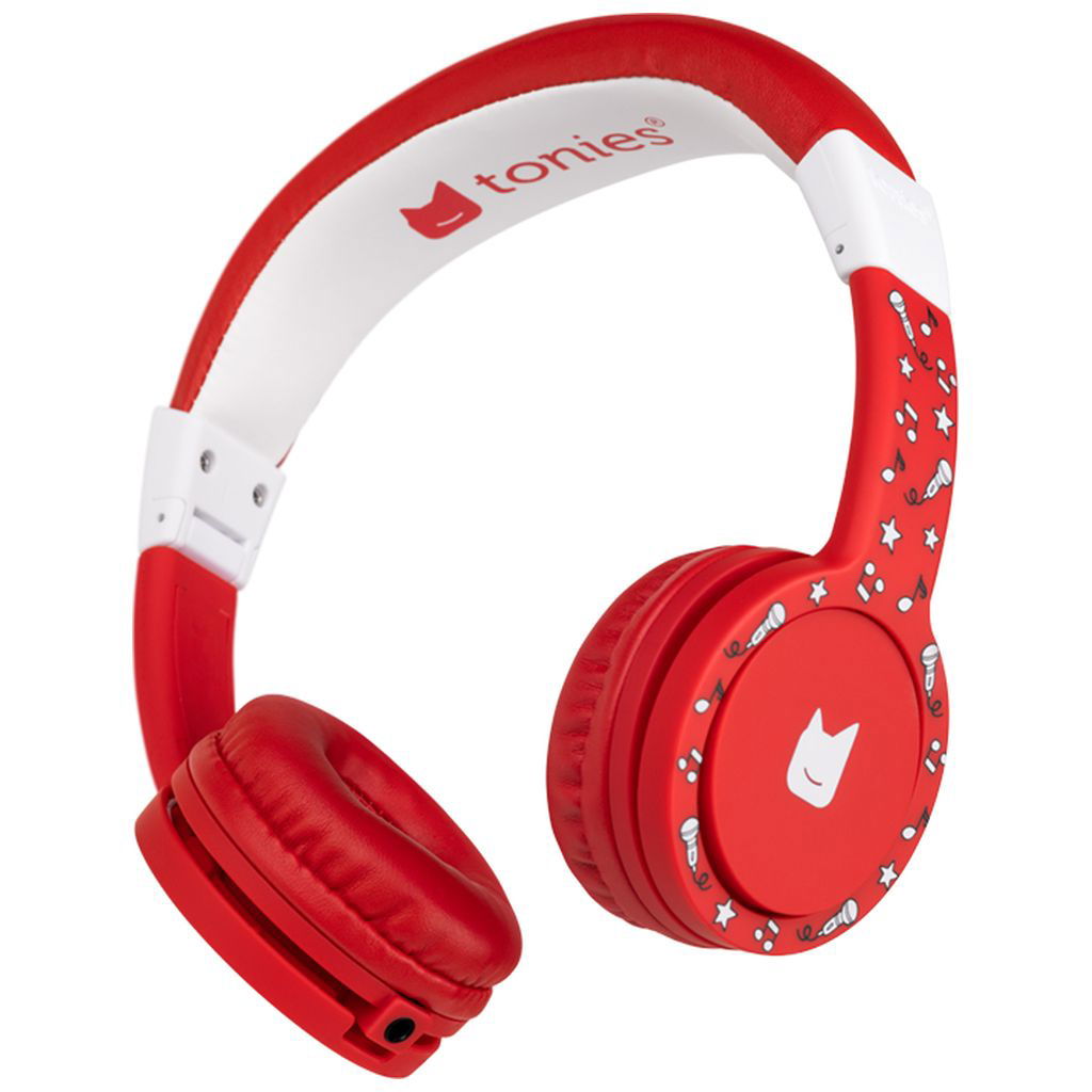 Roter Kinderkopfhörer mit gepolsterten Ohrmuscheln und Muste