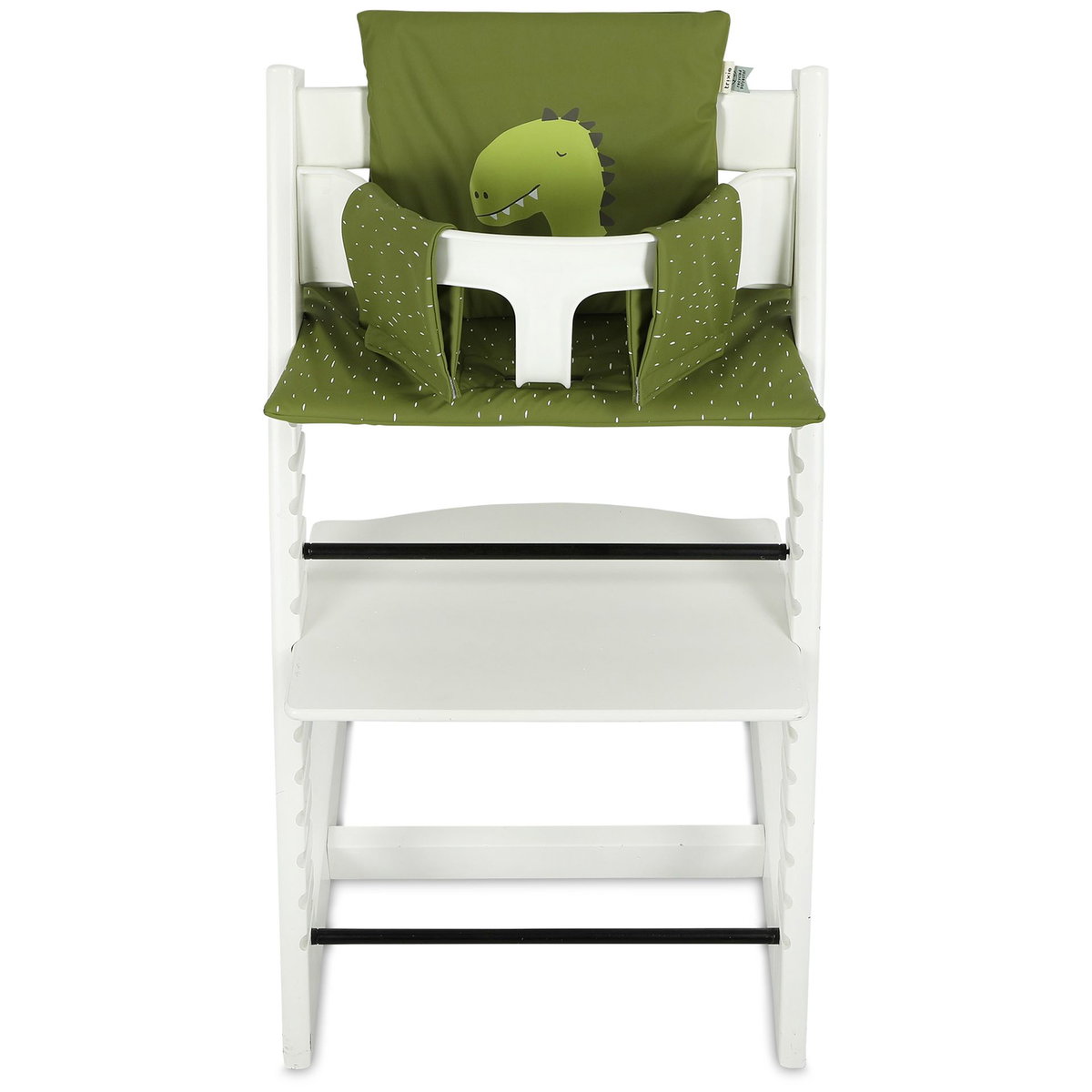 Weisser Hochstuhl mit grünem Kissen und Tiermotiv vorne