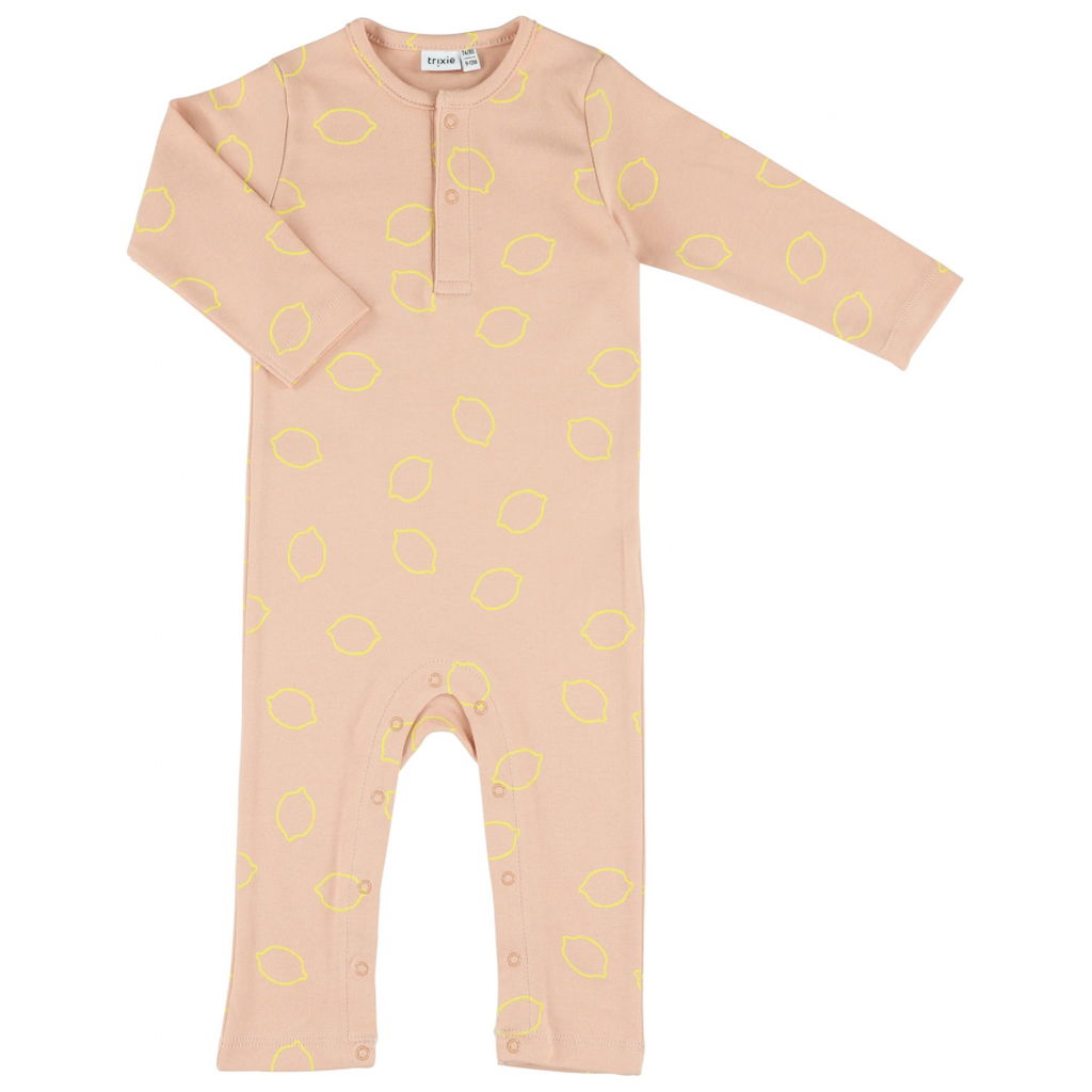 Langer rosa Baby-Strampler mit gelbem Zitronenmuster und Knö