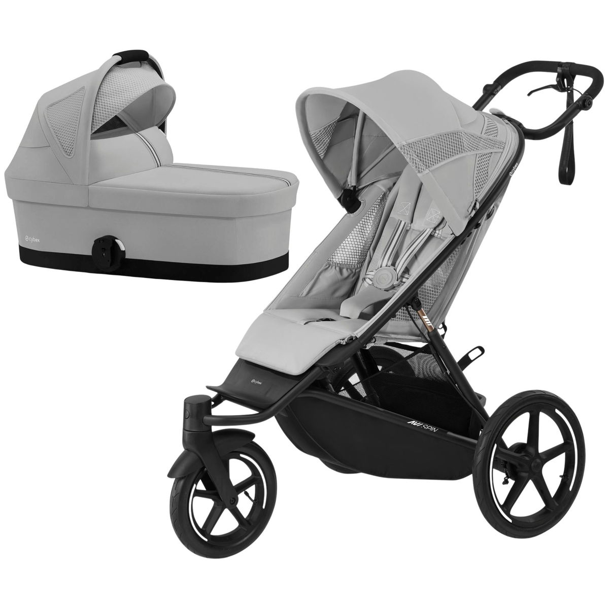 Ein grauer Kombikinderwagen bestehend aus einer Babywanne und einem Sportwagenaufsatz