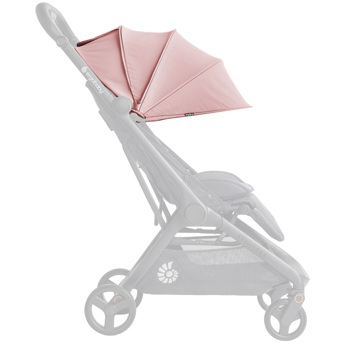 Rosa Sonnendach an Kinderwagen Metro 3 seitlich sichtbar