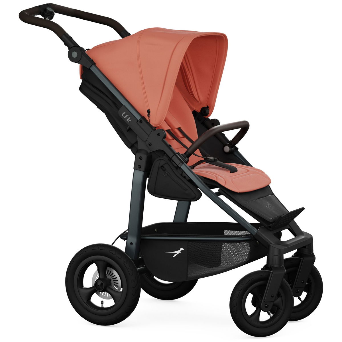 Seitlicher Blick auf einen TFK Kinderwagen mit korallfarbene