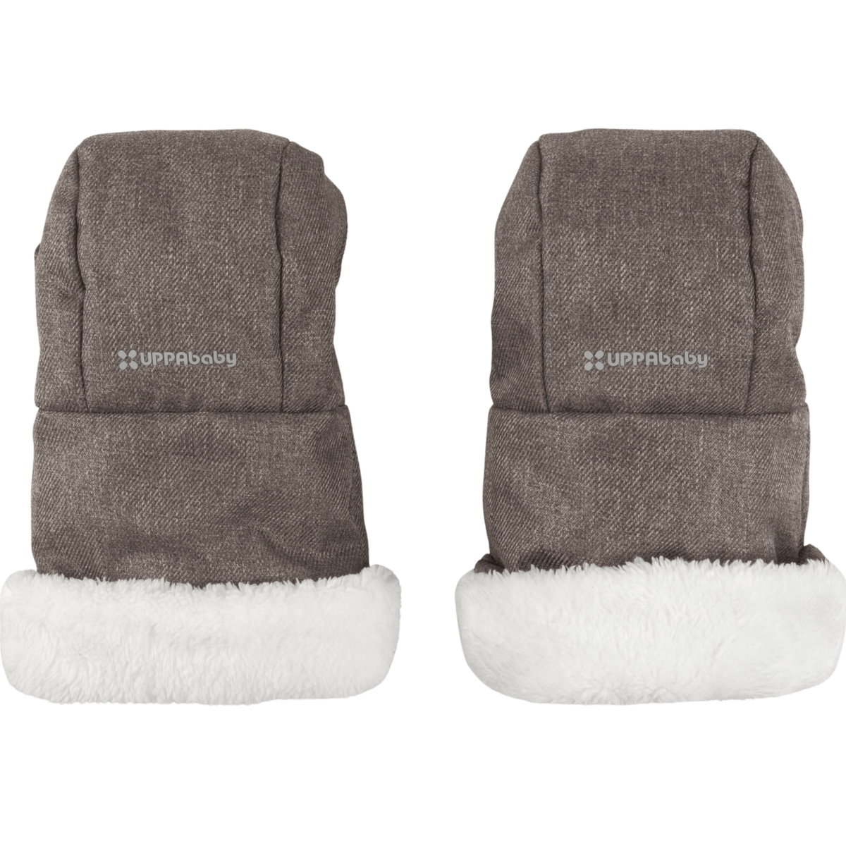 Zwei braune Handschuhe mit weissem Fellrand nebeneinander