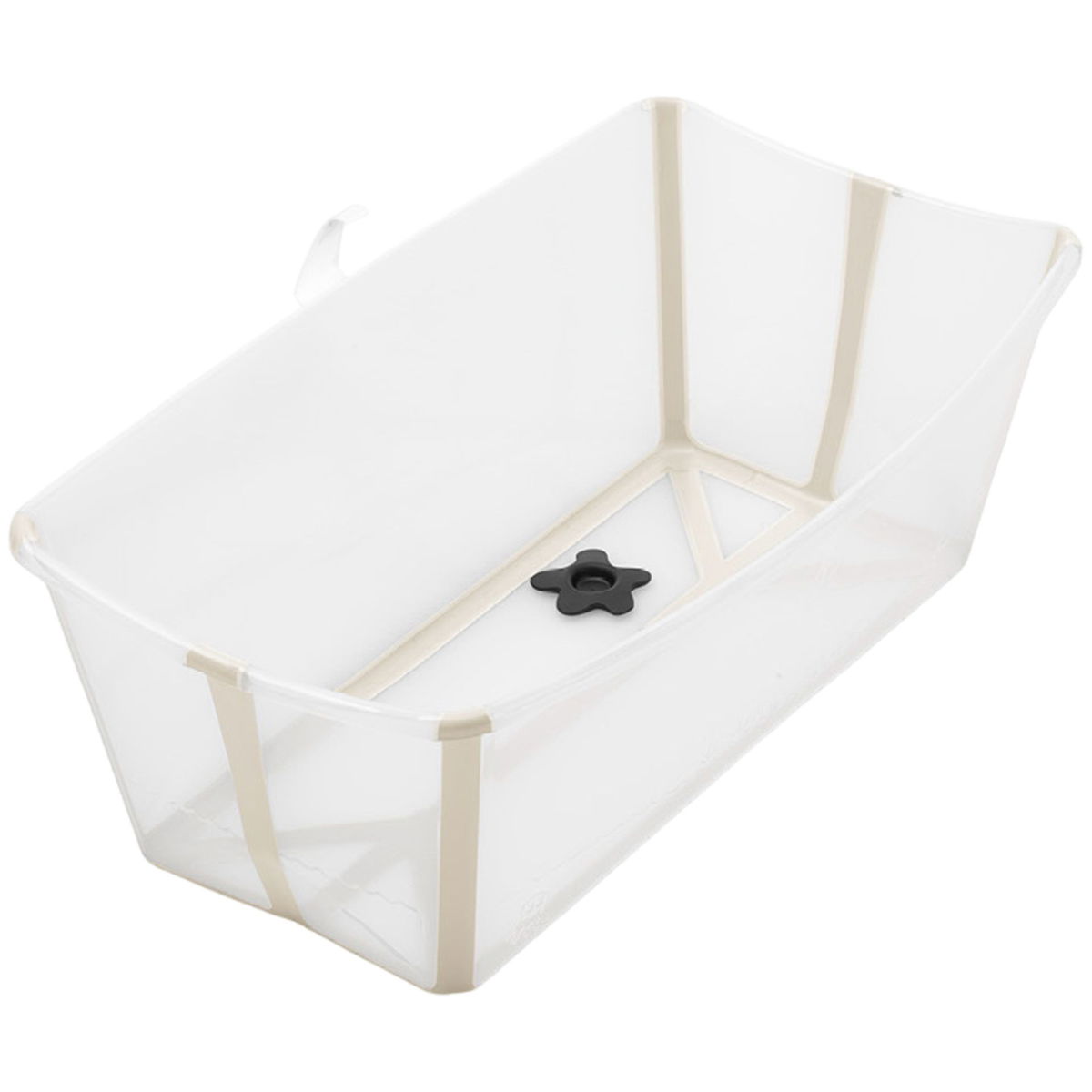 Rechteckige, transparente Babybadewanne mit schwarzem Abflus