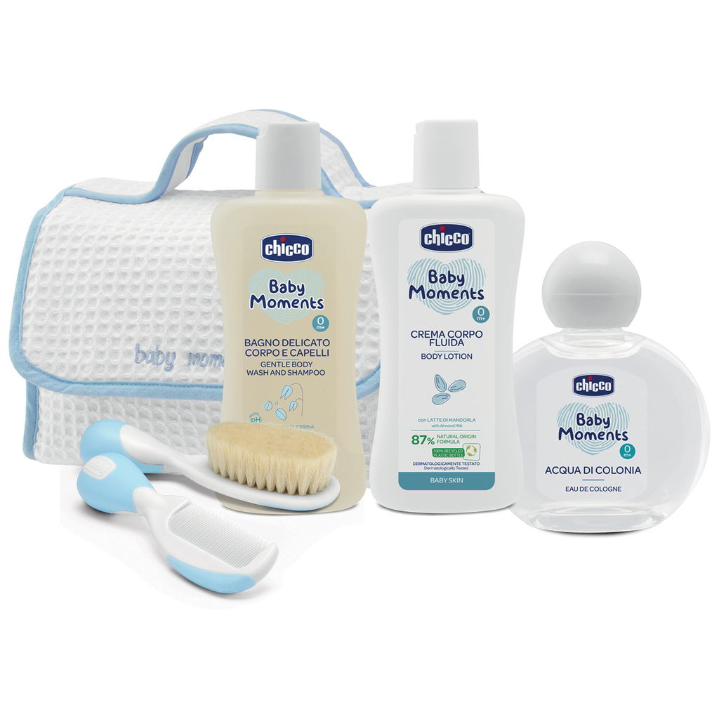 Baby Pflege-Set mit Tasche, Bürste, Kamm, Shampoo, Lotion un
