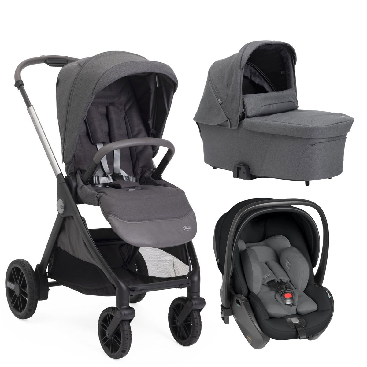 Dreiteiliges Kinderwagen-Set mit Babywanne und Babyschale in