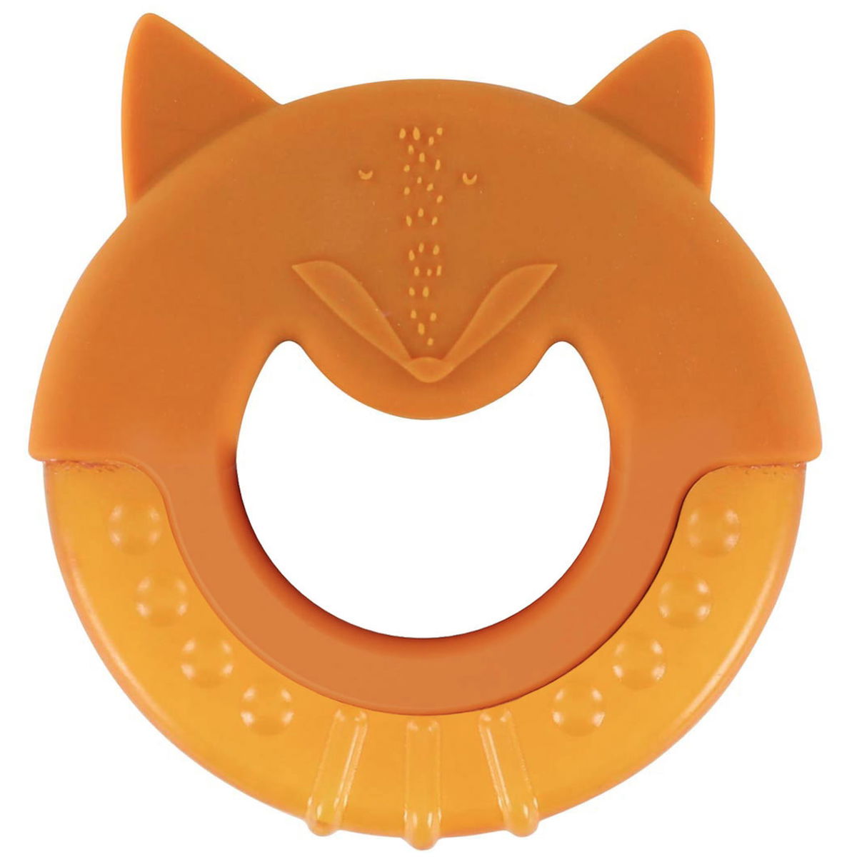 Oranger Beissring aus Silikon in Fuchsform mit Noppenstruktu