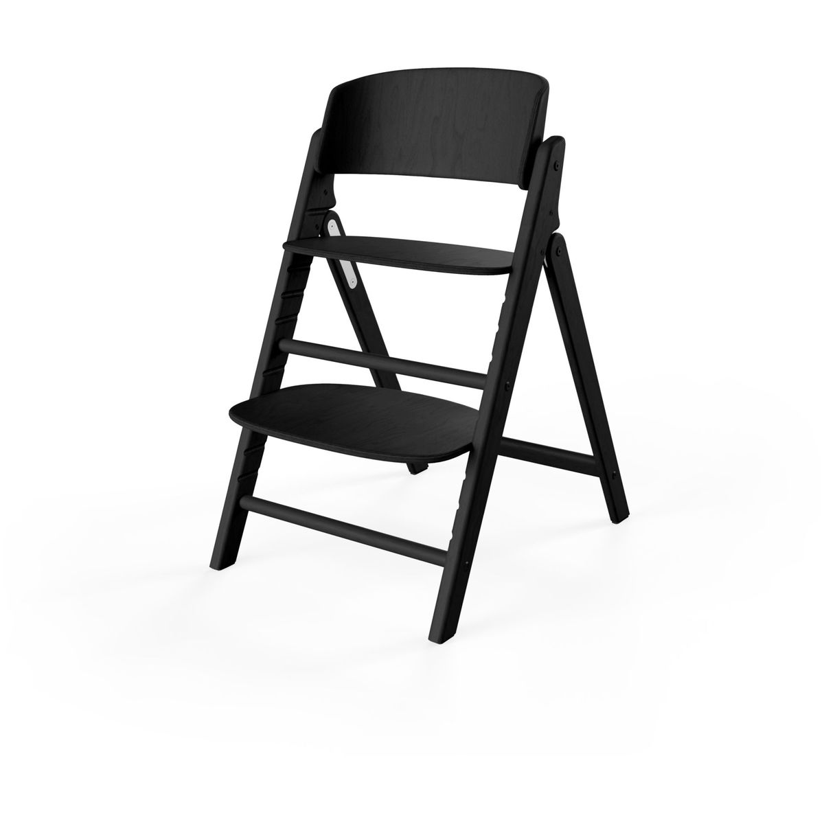 Schwarzer Hochstuhl aus Holz mit zwei Sitzflächen