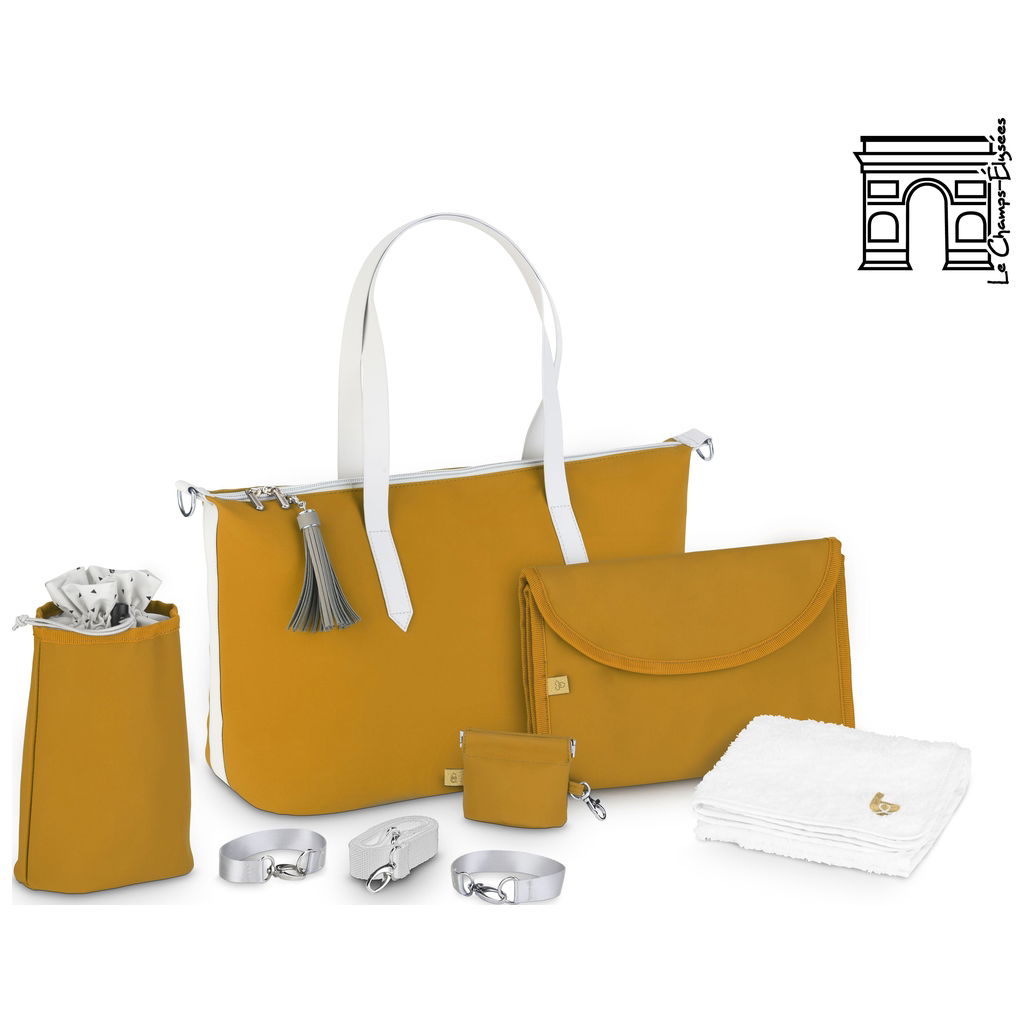 Senfgelbe Wickeltasche mit Zubehör, Tüchern und Gurten auf w