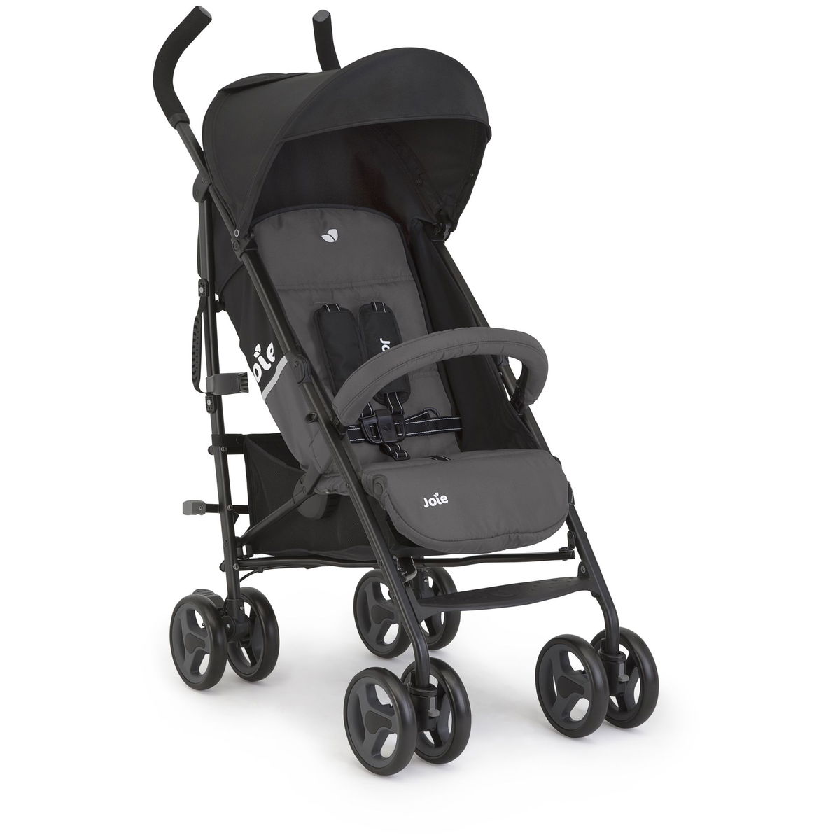 Ein grauer Kinderbuggy mit schwarzen Griffen und Rädern, geeignet für den komfortablen Transport von Kleinkindern.