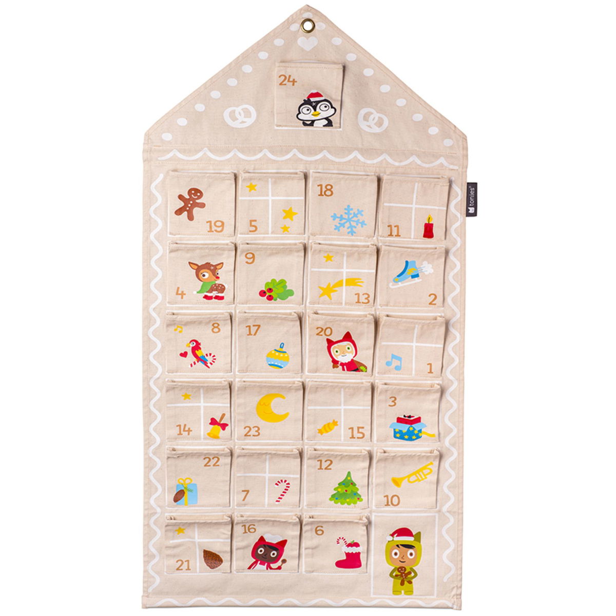 Beiger Stoff Adventskalender mit bunten Motiven und 24 Tasch